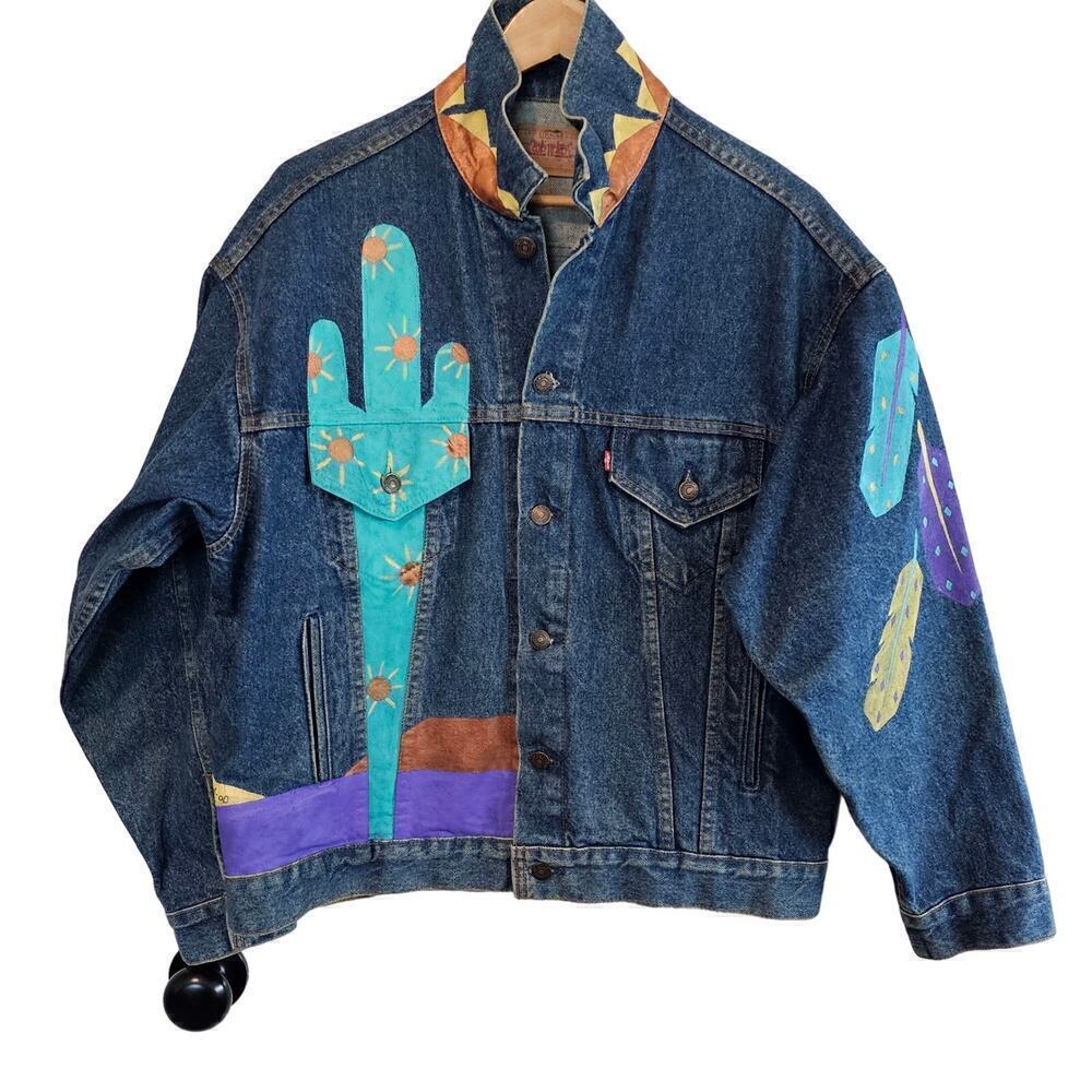 Vintage Levi's Denim Jacket Womens Large 80s Trucker Hand Painted South Western